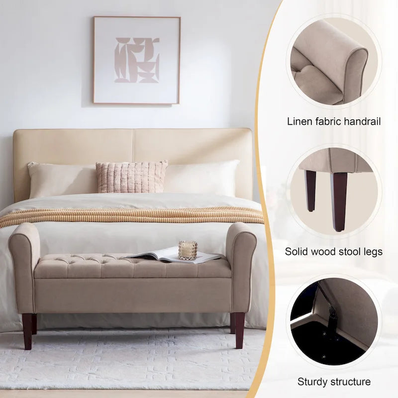 Arm Fabric Storage Ottoman Bench with Solid Wood Legs, 48W x 18D x 23H