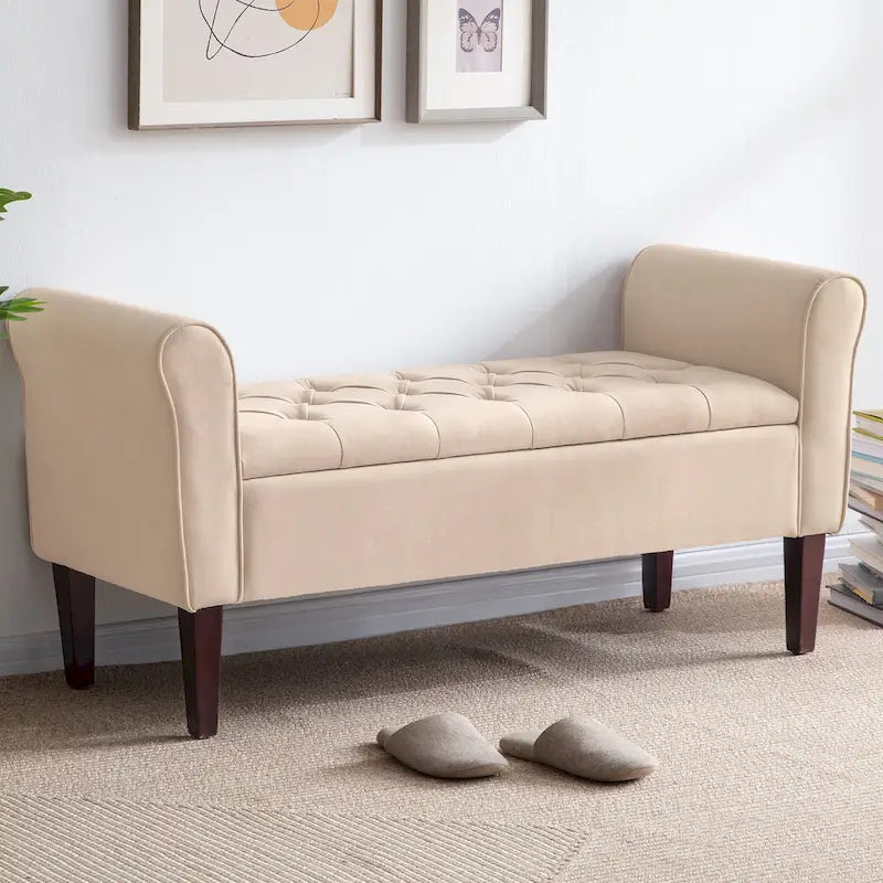 Arm Fabric Storage Ottoman Bench with Solid Wood Legs, 48W x 18D x 23H