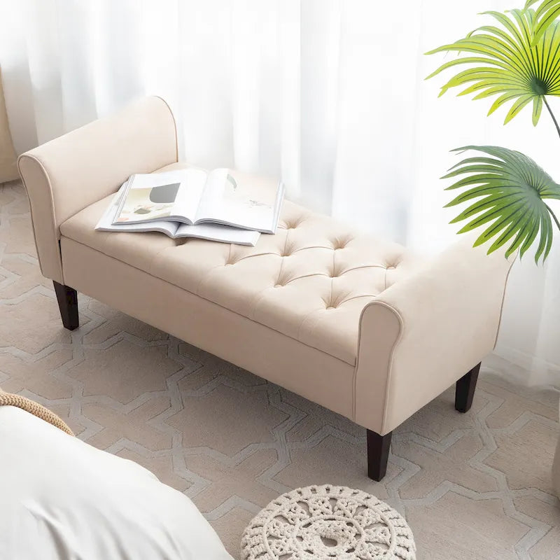 Arm Fabric Storage Ottoman Bench with Solid Wood Legs, 48W x 18D x 23H
