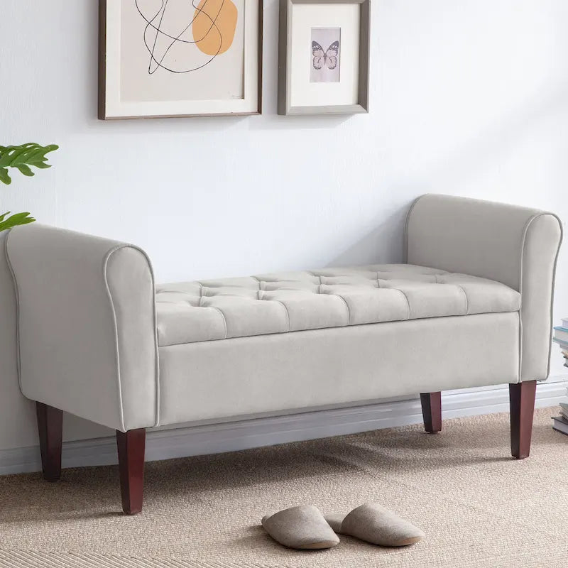 Arm Fabric Storage Ottoman Bench with Solid Wood Legs, 48W x 18D x 23H