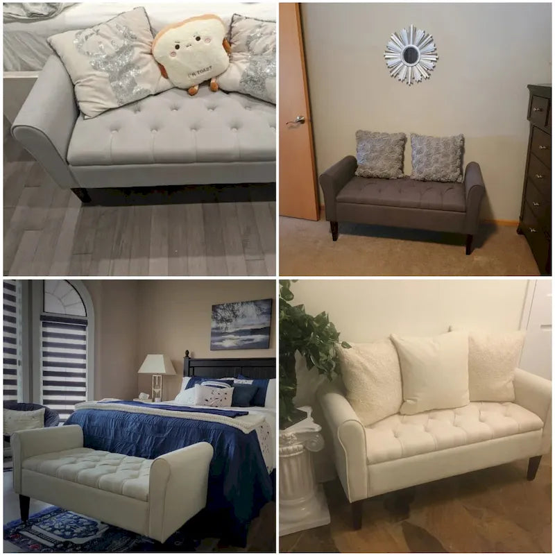 Arm Fabric Storage Ottoman Bench with Solid Wood Legs, 48W x 18D x 23H