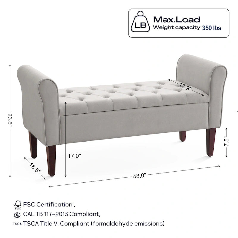 Arm Fabric Storage Ottoman Bench with Solid Wood Legs, 48W x 18D x 23H