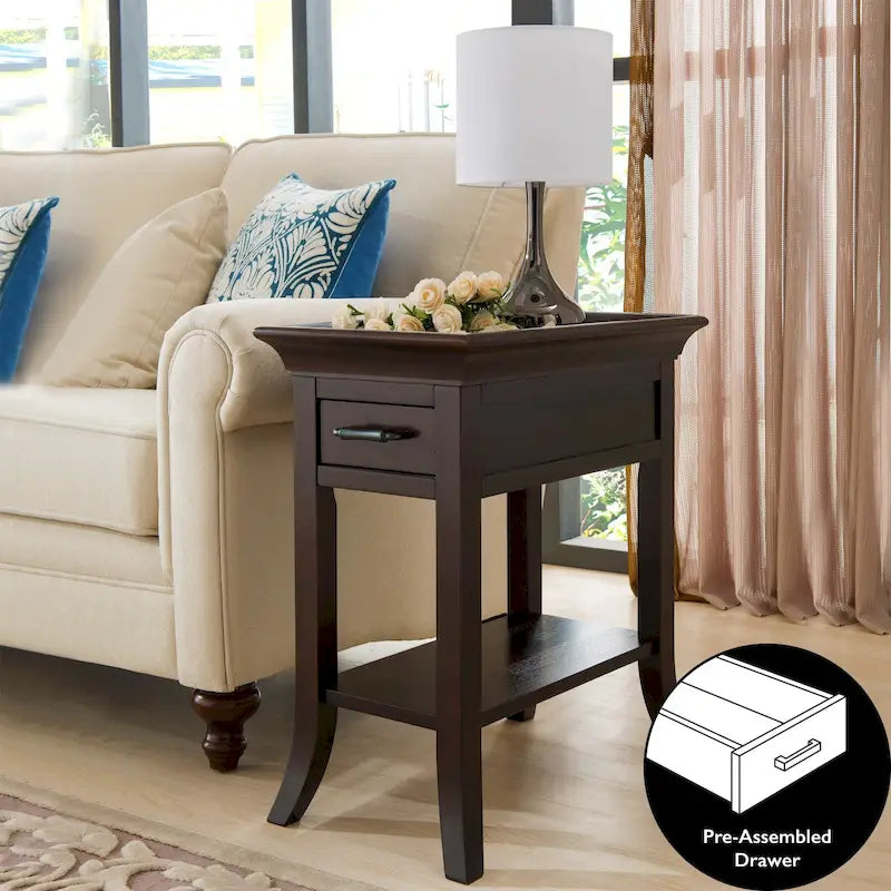 One Drawer Traditional Cherry Tray Edge Side Table with Shelf