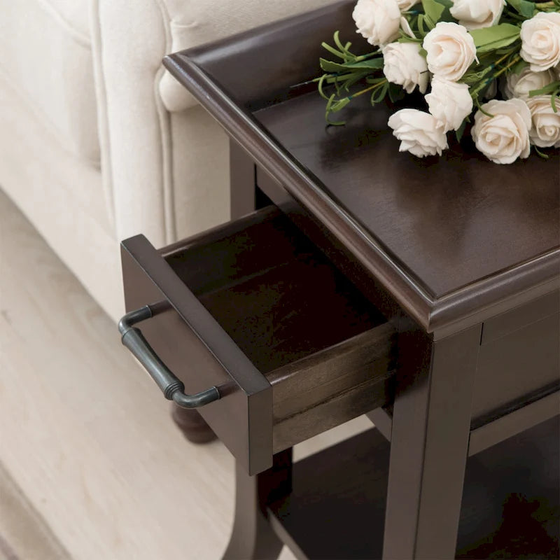 One Drawer Traditional Cherry Tray Edge Side Table with Shelf