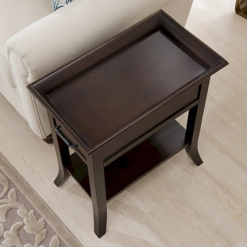One Drawer Traditional Cherry Tray Edge Side Table with Shelf