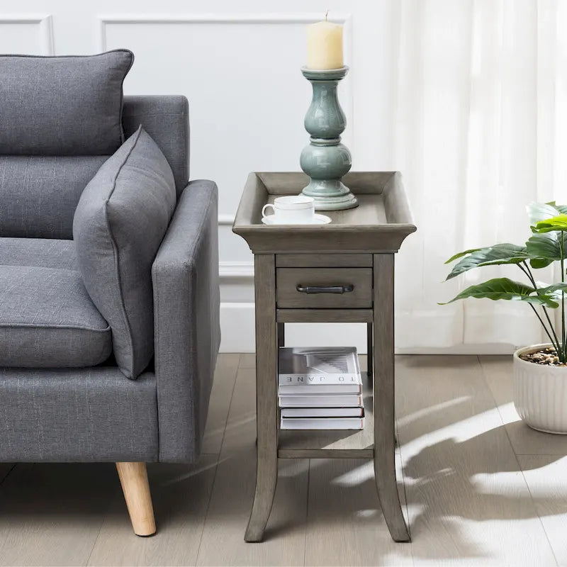 One Drawer Traditional Cherry Tray Edge Side Table with Shelf