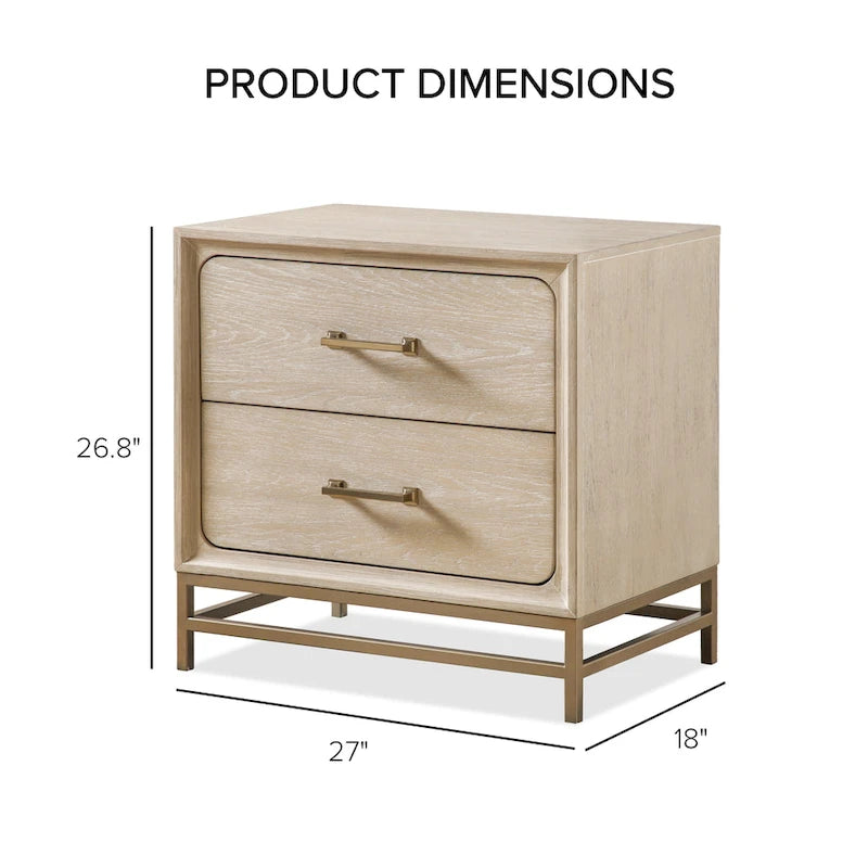 Transitional Oak Solid Wood 2-Drawer Nightstand with Metal Legs