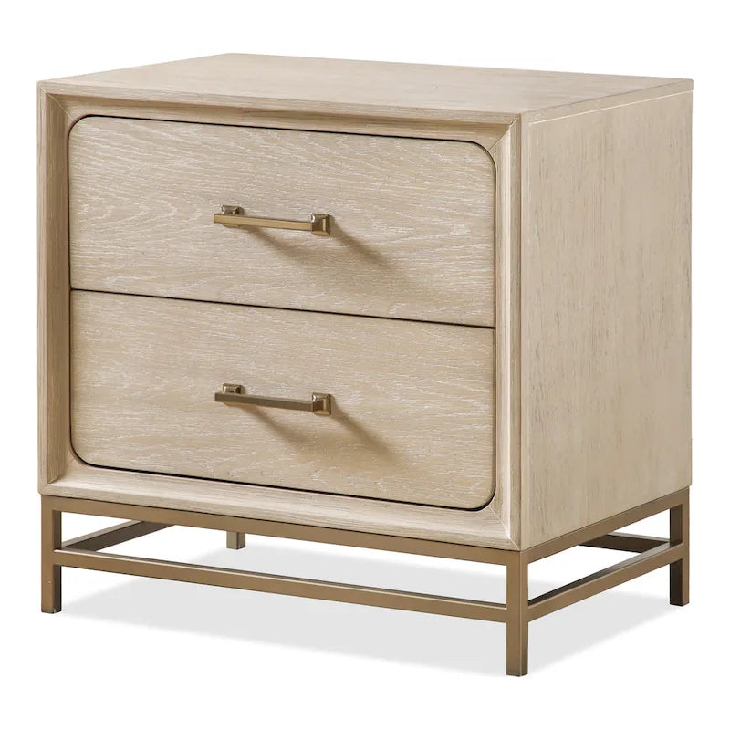 Transitional Oak Solid Wood 2-Drawer Nightstand with Metal Legs