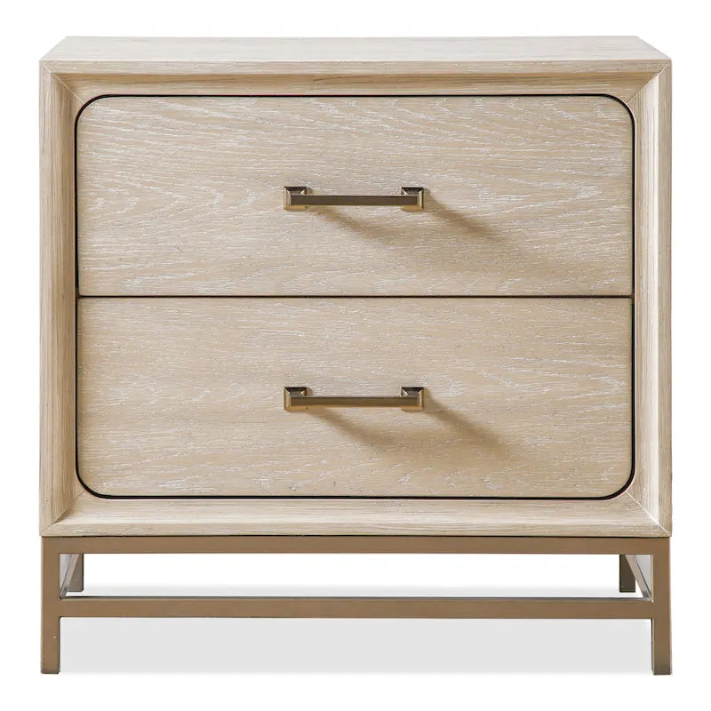 Transitional Oak Solid Wood 2-Drawer Nightstand with Metal Legs