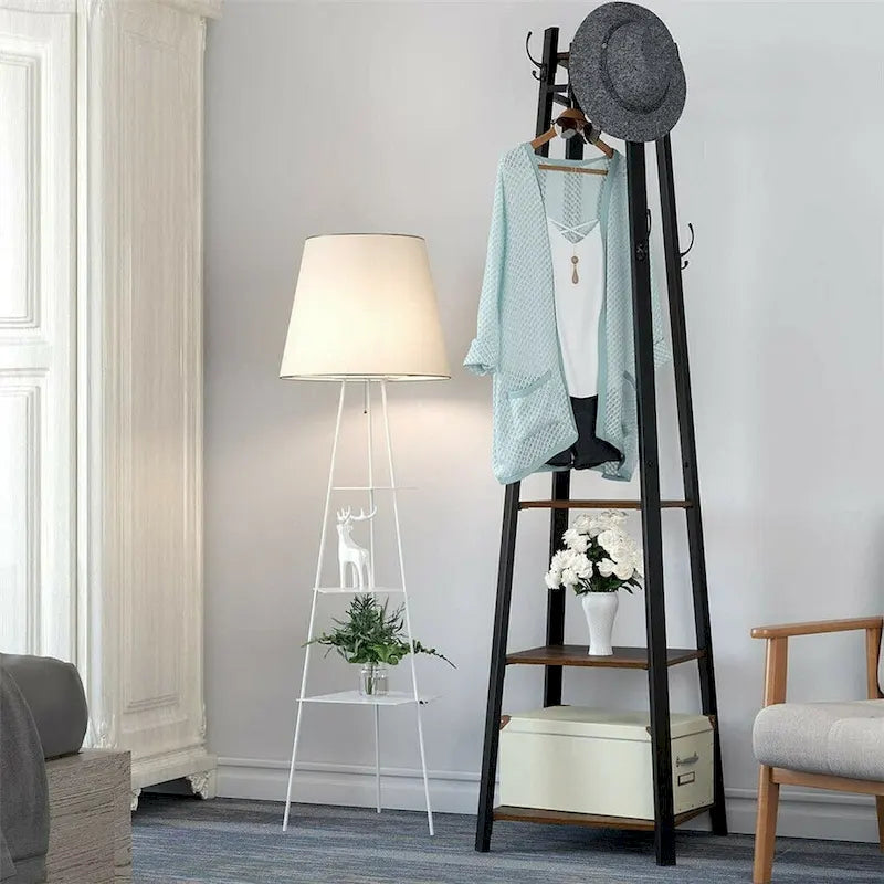 8 Hook Free Standing Coat Rack With Storage Shelves Entryway Hall Tree - 17x17x71.3inch