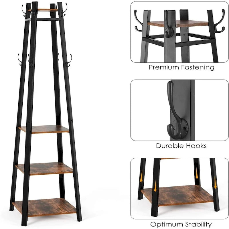 8 Hook Free Standing Coat Rack With Storage Shelves Entryway Hall Tree - 17x17x71.3inch