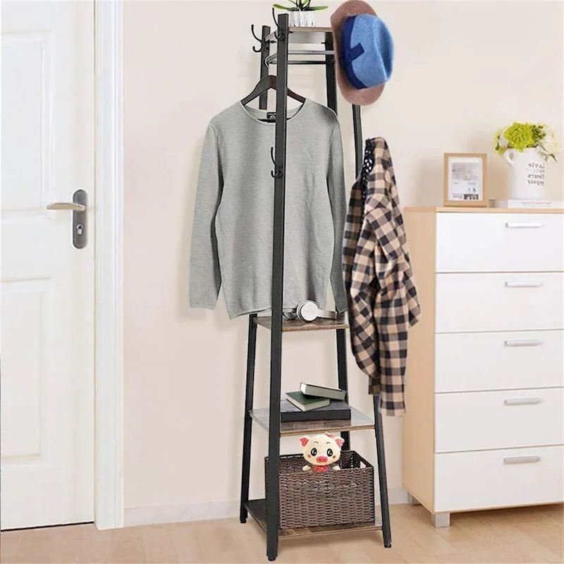 8 Hook Free Standing Coat Rack With Storage Shelves Entryway Hall Tree - 17x17x71.3inch