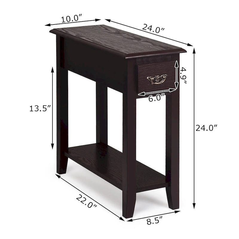 Sofa Side End Table 2 Tier Narrow Nightstand with Drawer