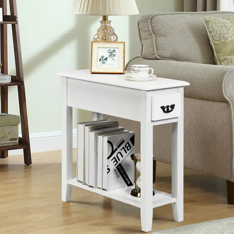 Sofa Side End Table 2 Tier Narrow Nightstand with Drawer