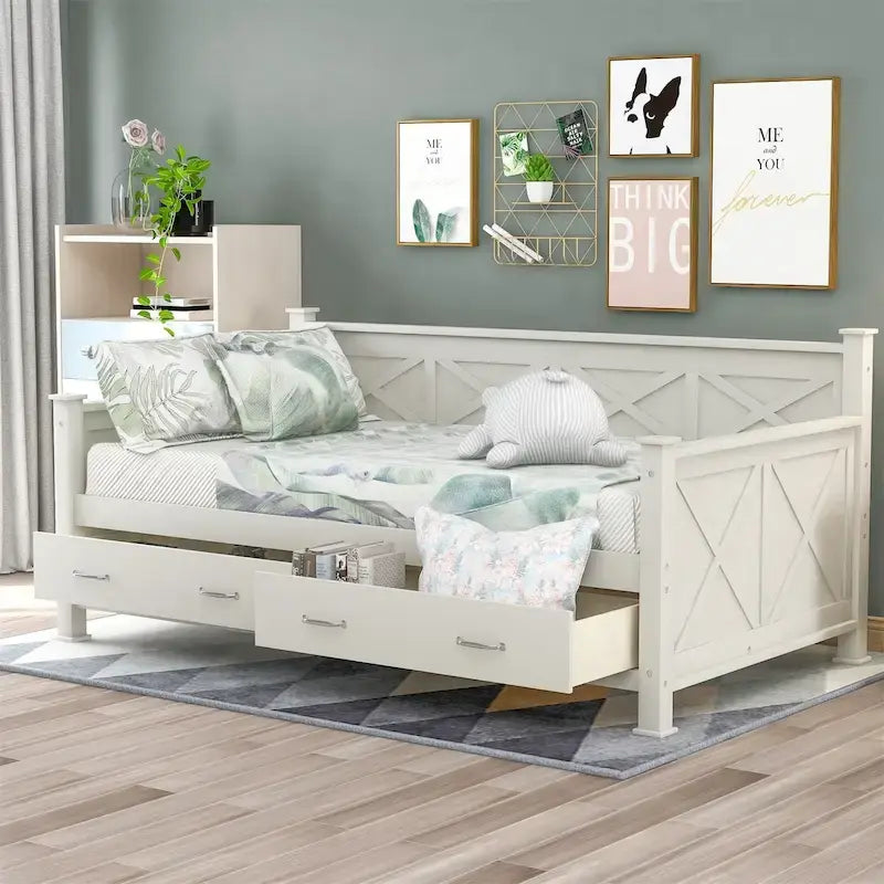 Twin Daybed with 2 Large Drawers with X-shaped Frame