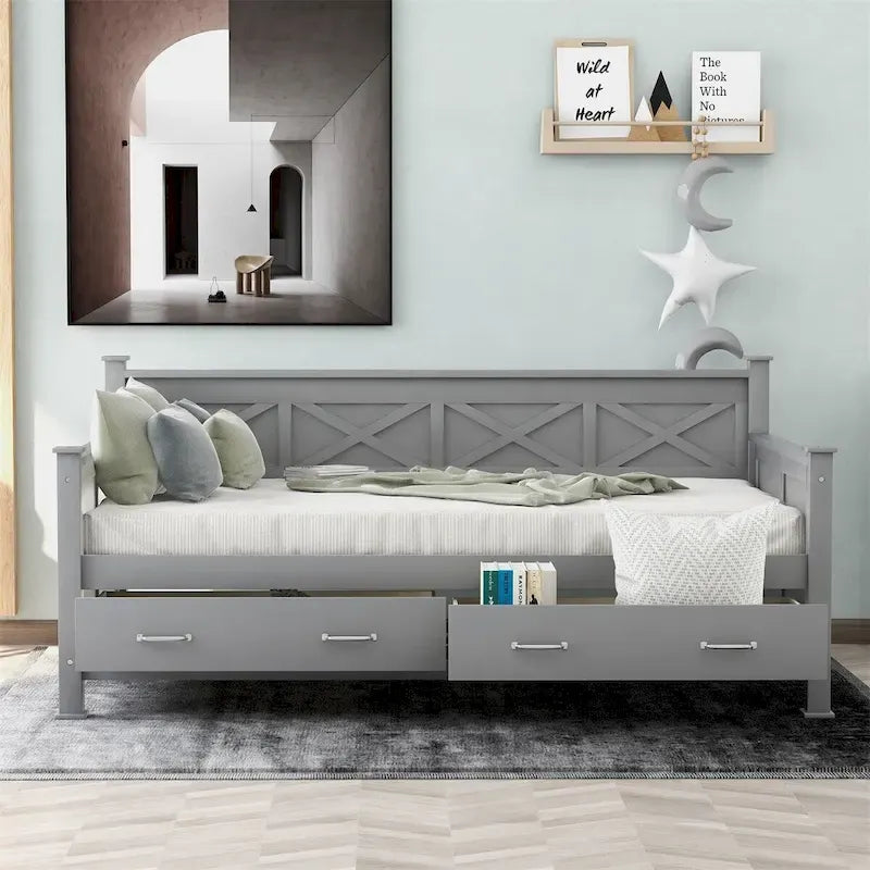 Twin Daybed with 2 Large Drawers with X-shaped Frame