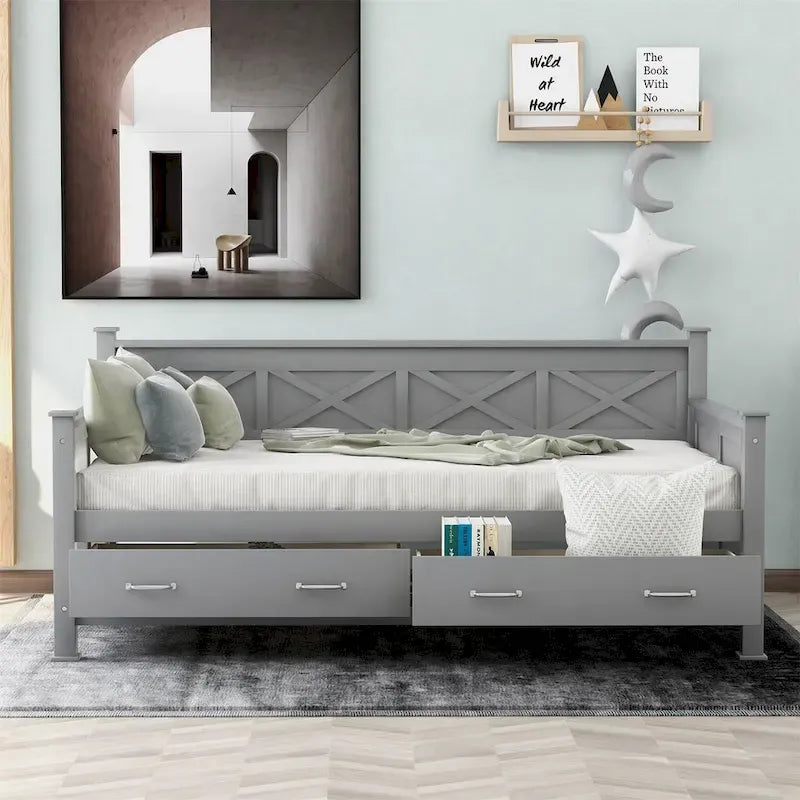 Twin Daybed with 2 Large Drawers with X-shaped Frame