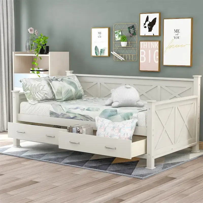 Twin Daybed with 2 Large Drawers with X-shaped Frame
