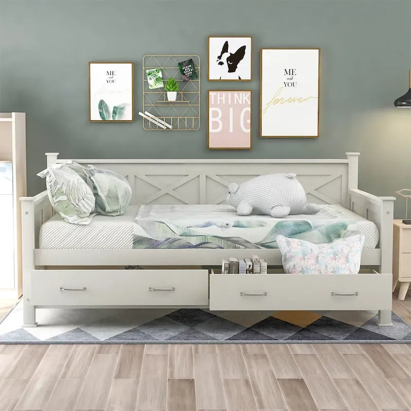 Twin Daybed with 2 Large Drawers with X-shaped Frame