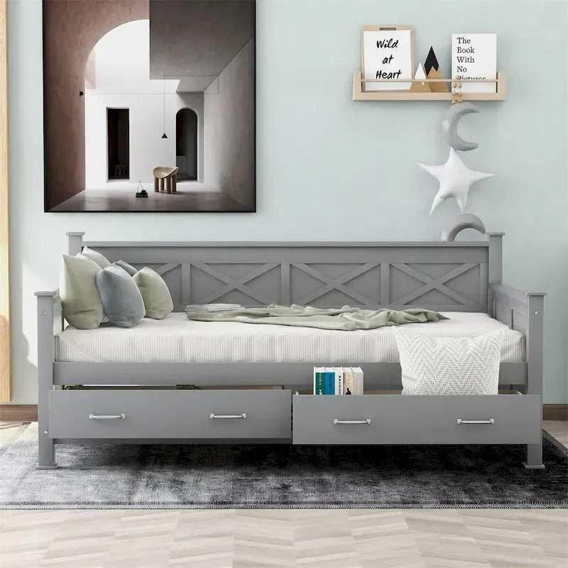 Twin Daybed with 2 Large Drawers with X-shaped Frame