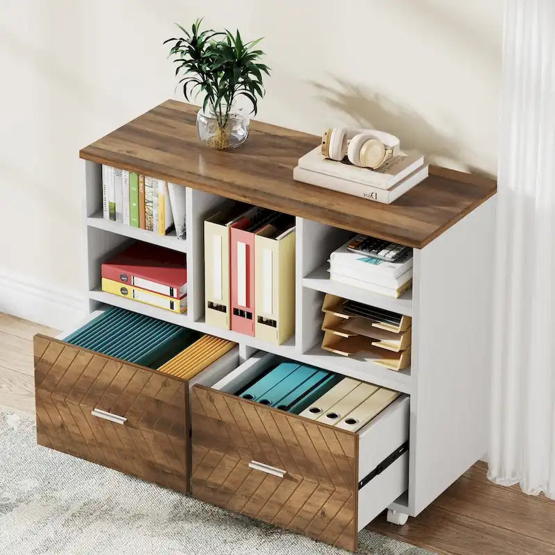 2-Drawer Wood File Cabinet with Open Shelves, Mobile Lateral Filing Cabinet for Hanging Letter Size Files