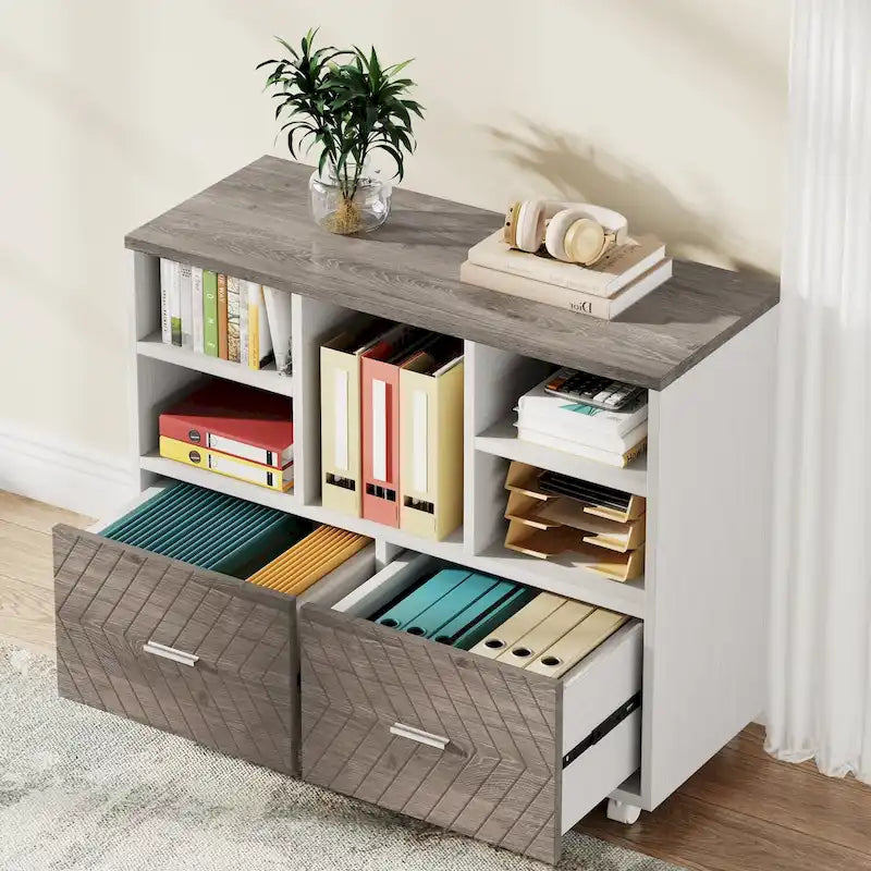 2-Drawer Wood File Cabinet with Open Shelves, Mobile Lateral Filing Cabinet for Hanging Letter Size Files