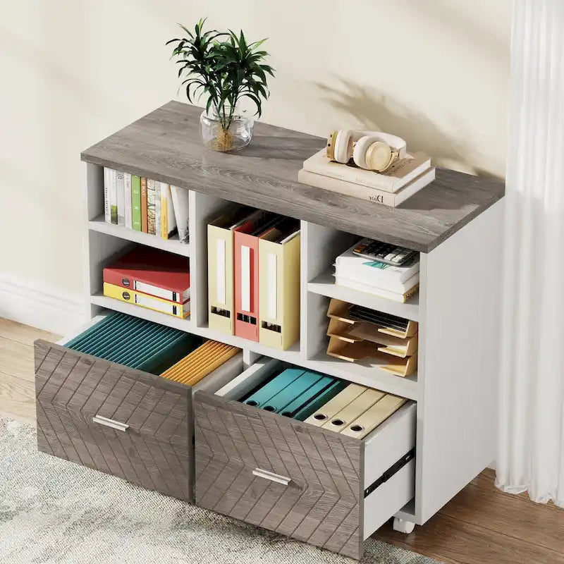 2-Drawer Wood File Cabinet with Open Shelves, Mobile Lateral Filing Cabinet for Hanging Letter Size Files