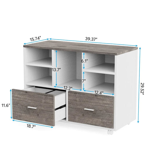 2-Drawer Wood File Cabinet with Open Shelves, Mobile Lateral Filing Cabinet for Hanging Letter Size Files