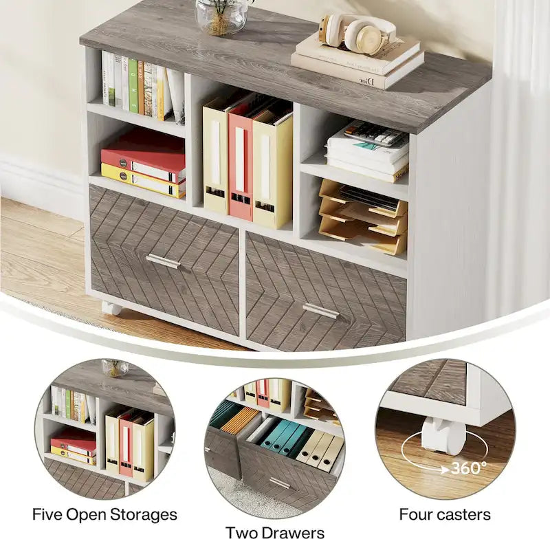 2-Drawer Wood File Cabinet with Open Shelves, Mobile Lateral Filing Cabinet for Hanging Letter Size Files