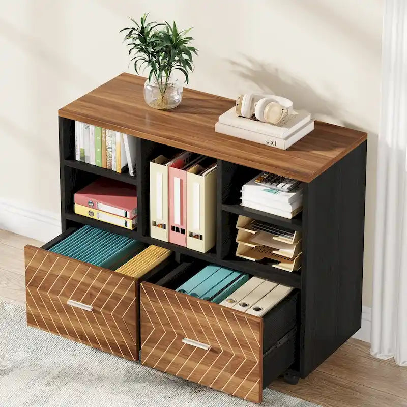 2-Drawer Wood File Cabinet with Open Shelves, Mobile Lateral Filing Cabinet for Hanging Letter Size Files
