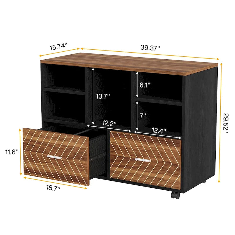 2-Drawer Wood File Cabinet with Open Shelves, Mobile Lateral Filing Cabinet for Hanging Letter Size Files