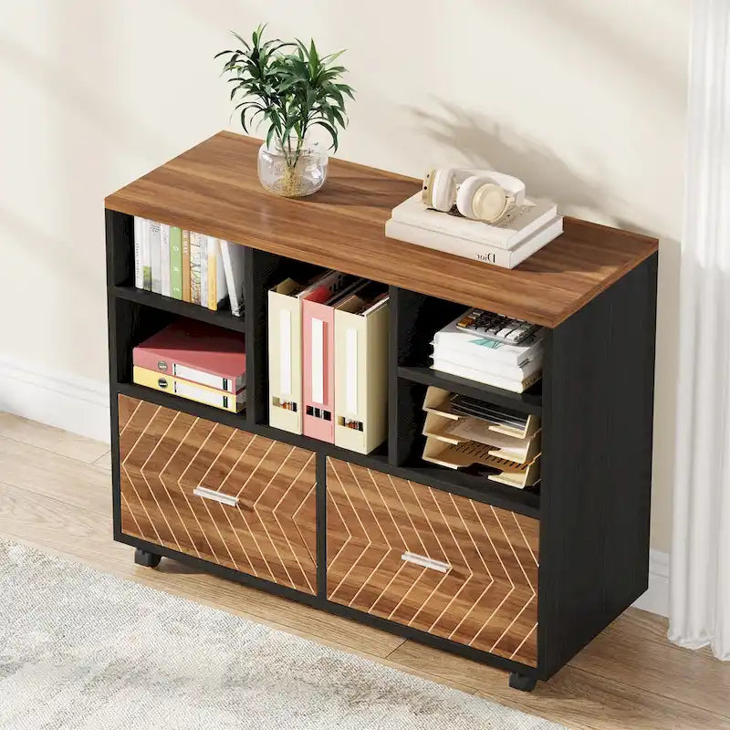 2-Drawer Wood File Cabinet with Open Shelves, Mobile Lateral Filing Cabinet for Hanging Letter Size Files
