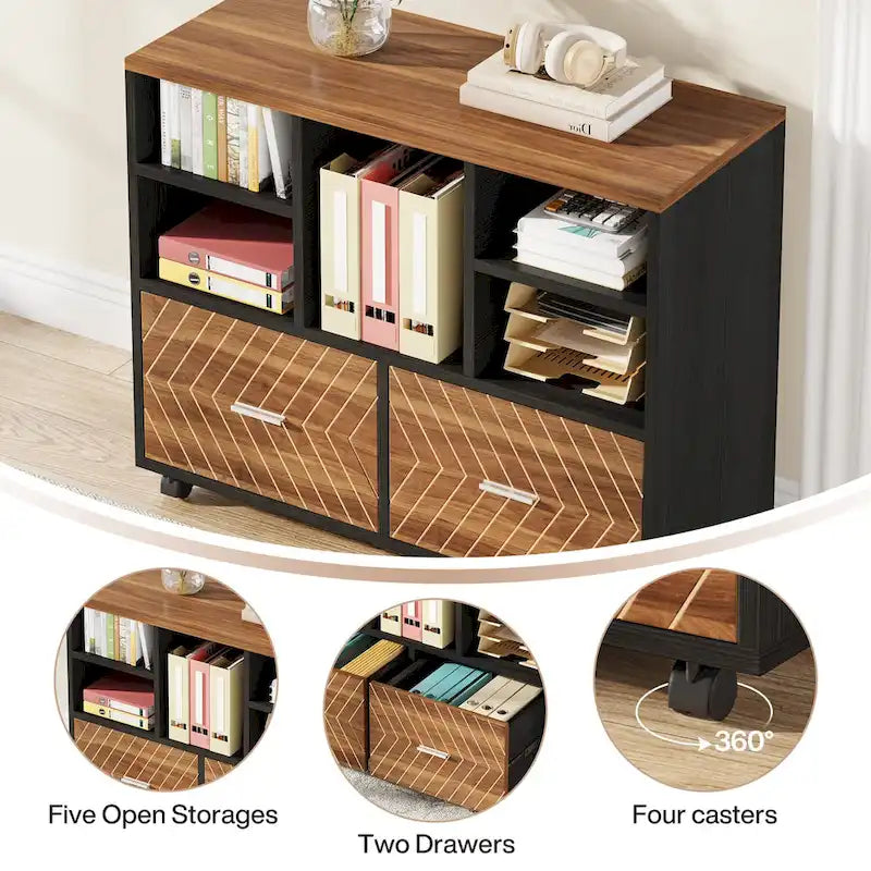 2-Drawer Wood File Cabinet with Open Shelves, Mobile Lateral Filing Cabinet for Hanging Letter Size Files