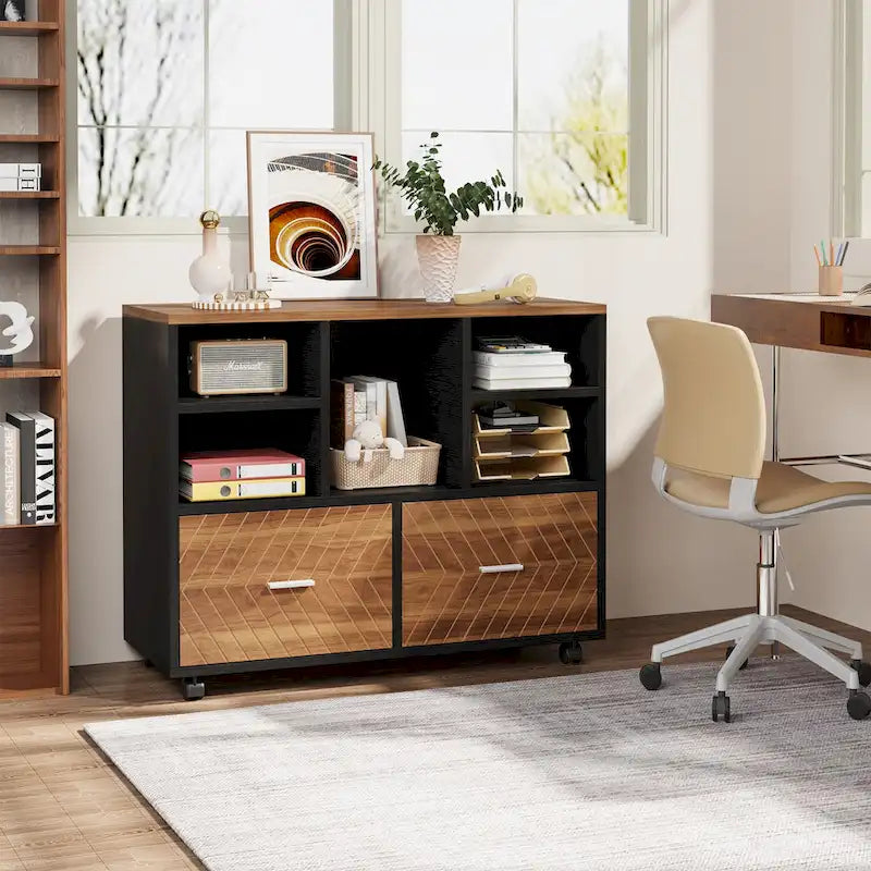 2-Drawer Wood File Cabinet with Open Shelves, Mobile Lateral Filing Cabinet for Hanging Letter Size Files