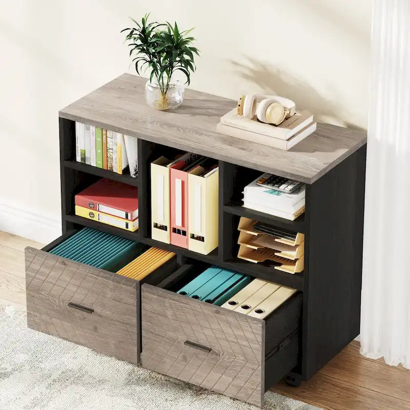 2-Drawer Wood File Cabinet with Open Shelves, Mobile Lateral Filing Cabinet for Hanging Letter Size Files
