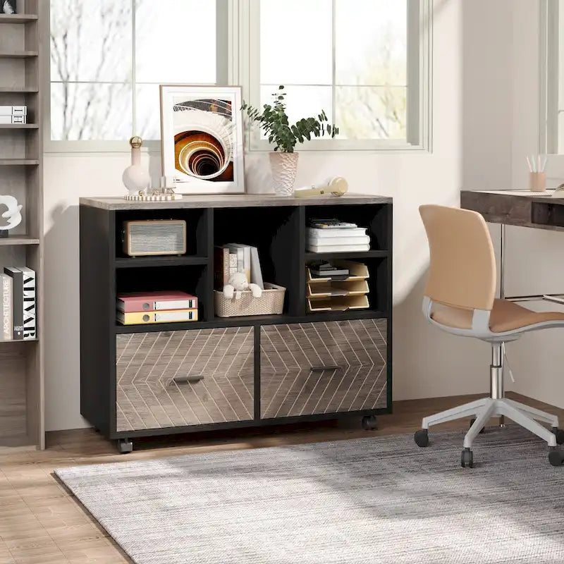 2-Drawer Wood File Cabinet with Open Shelves, Mobile Lateral Filing Cabinet for Hanging Letter Size Files