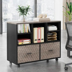 2-Drawer Wood File Cabinet with Open Shelves, Mobile Lateral Filing Cabinet for Hanging Letter Size Files