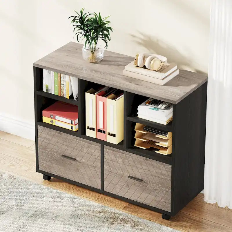 2-Drawer Wood File Cabinet with Open Shelves, Mobile Lateral Filing Cabinet for Hanging Letter Size Files