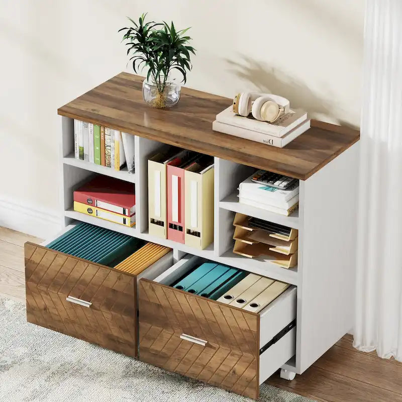 2-Drawer Wood File Cabinet with Open Shelves, Mobile Lateral Filing Cabinet for Hanging Letter Size Files