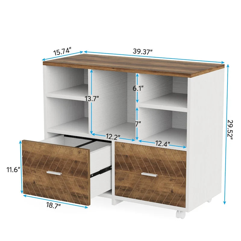 2-Drawer Wood File Cabinet with Open Shelves, Mobile Lateral Filing Cabinet for Hanging Letter Size Files