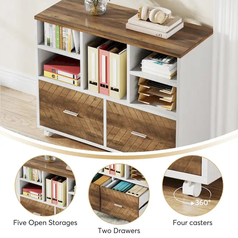 2-Drawer Wood File Cabinet with Open Shelves, Mobile Lateral Filing Cabinet for Hanging Letter Size Files