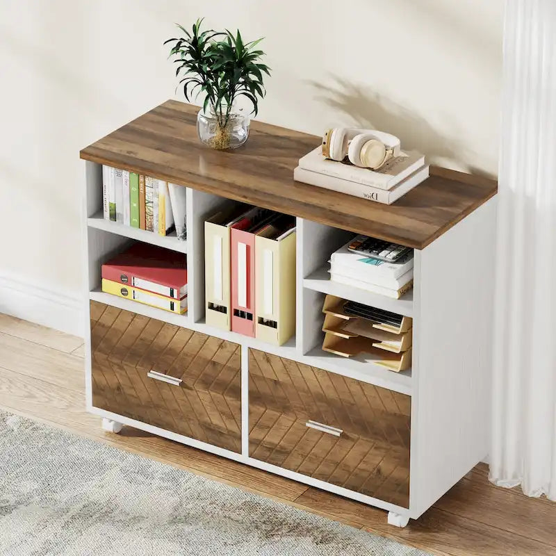 2-Drawer Wood File Cabinet with Open Shelves, Mobile Lateral Filing Cabinet for Hanging Letter Size Files