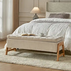 Mid-Century Modern Upholstered Storage Bench with Tufted Seat and Solid Wood Legs