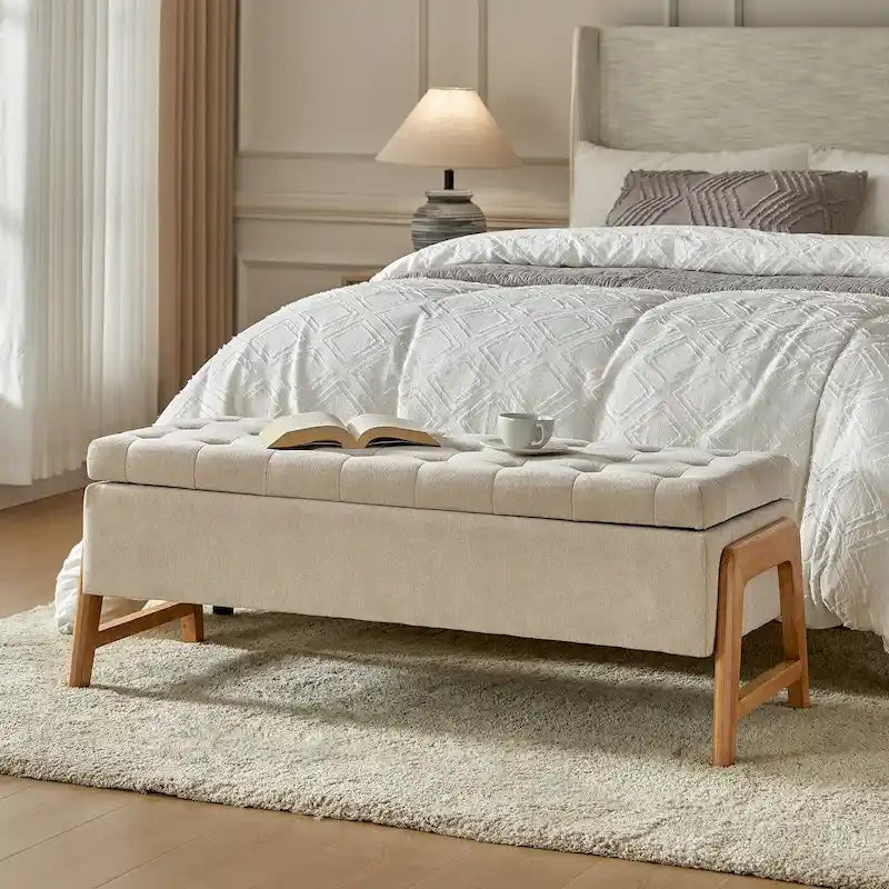 Mid-Century Modern Upholstered Storage Bench with Tufted Seat and Solid Wood Legs