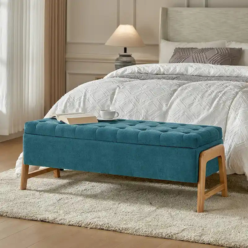 Mid-Century Modern Upholstered Storage Bench with Tufted Seat and Solid Wood Legs