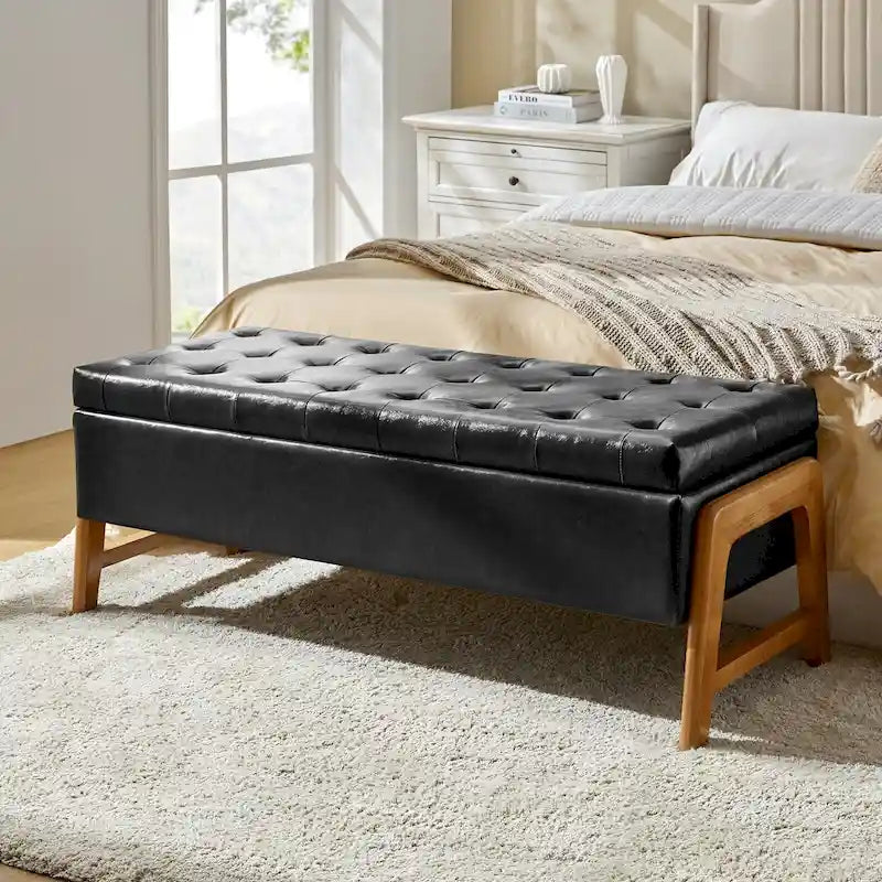 Mid-Century Modern Upholstered Storage Bench with Tufted Seat and Solid Wood Legs