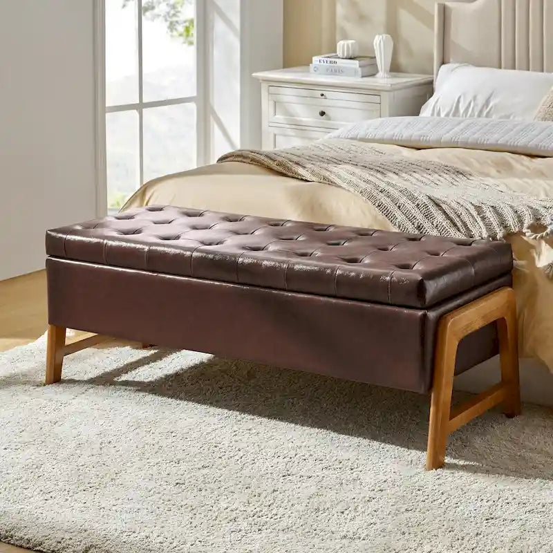 Mid-Century Modern Upholstered Storage Bench with Tufted Seat and Solid Wood Legs