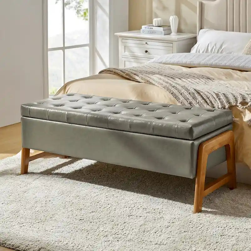 Mid-Century Modern Upholstered Storage Bench with Tufted Seat and Solid Wood Legs