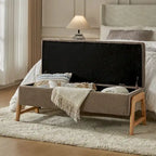 Mid-Century Modern Upholstered Storage Bench with Tufted Seat and Solid Wood Legs