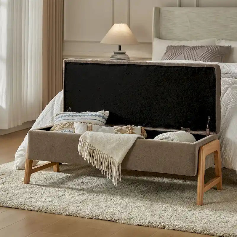 Mid-Century Modern Upholstered Storage Bench with Tufted Seat and Solid Wood Legs